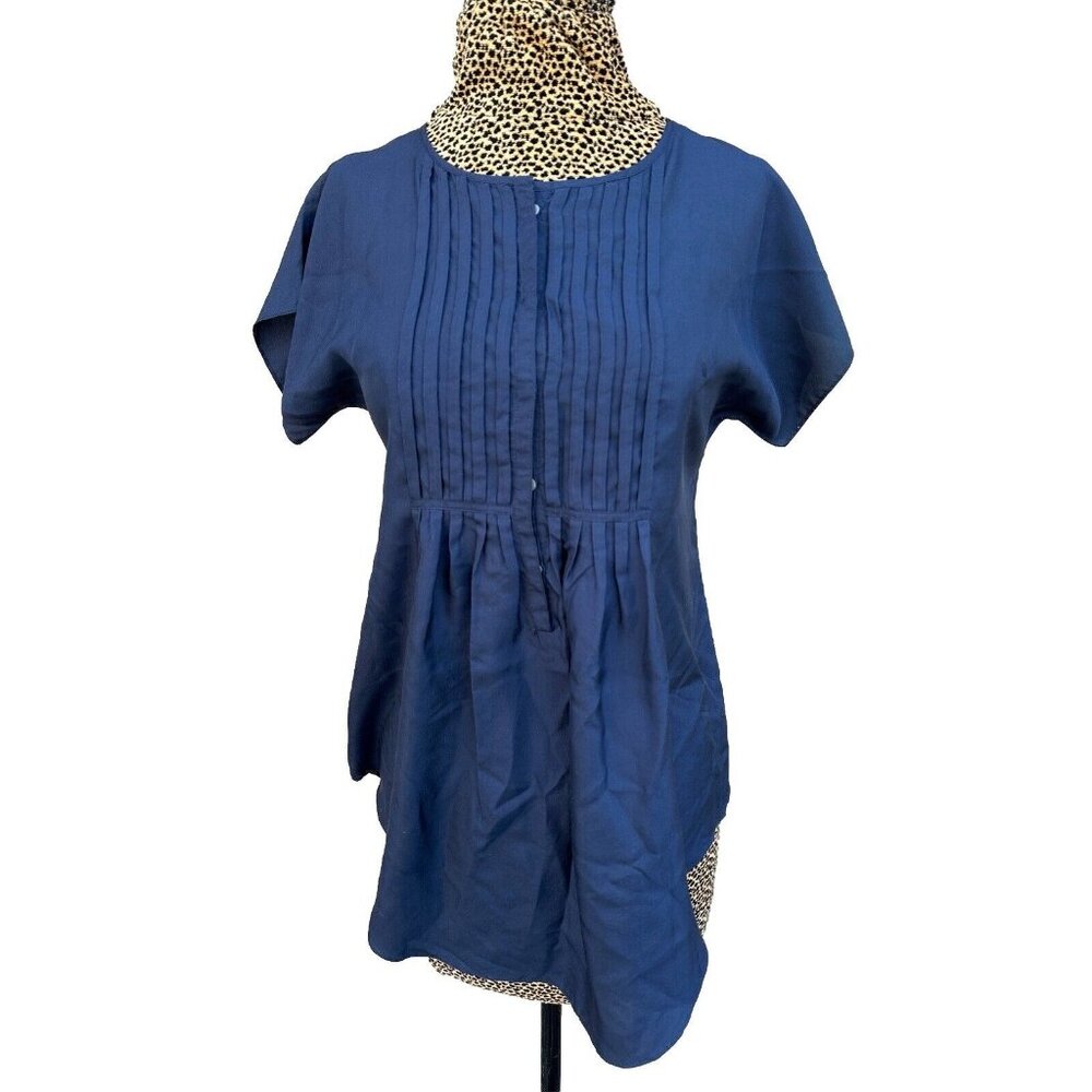 Calypso St Barth Womens Top Size XS Navy Blue‎ Short Sleeve Ruched Silk Shirt